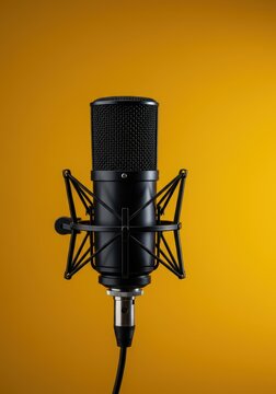 A professional studio condenser microphone hangs suspended against a vibrant yellow background, symbolizing audio production and readiness ,technology, yellow, vibrant