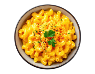 Overhead shot of creamy mac and cheese in a speckled bowl with parsley garnish