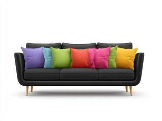 Black couch holds rainbow pillows against a blank background in a minimalistic style