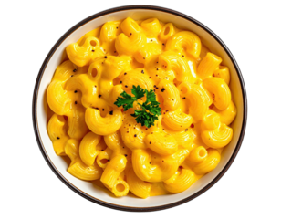 Overhead shot of a bowl filled with creamy, cheesy macaroni and cheese with parsley