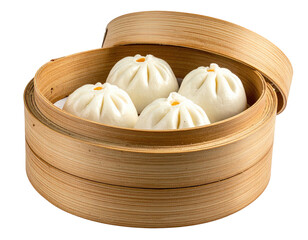 Steamed buns in bamboo basket, lid slightly open