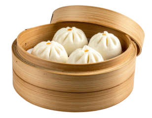Steamed buns in bamboo basket, lid slightly open