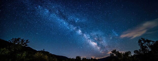 Starlit Milky Way spans above dark silhouetted trees in a nightscape scene