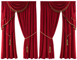 Elegant red velvet curtains, draped with gold trim and tassels. Luxurious and classic design