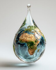 Earth within a water droplet against white fragility & preciousness depicted