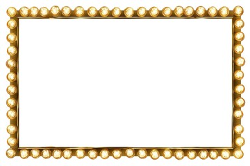 Lit gold frame with many glowing bulb lights against a white background