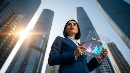 Businesswoman Holding Futuristic Tablet with Financial Data in Modern City.