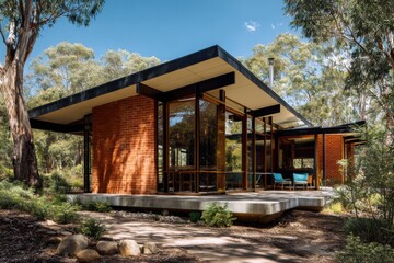 Obraz premium A contemporary home nestled within a lush natural environment, surrounded by vibrant trees and flourishing plants, all under a bright, sunny sky