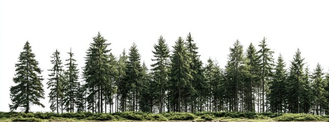Obraz premium Dense row of evergreen trees against a bright, neutral sky background