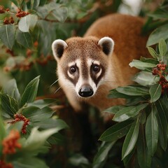Naklejka premium A Coati-sniffing is peeking out from behind some green leaves