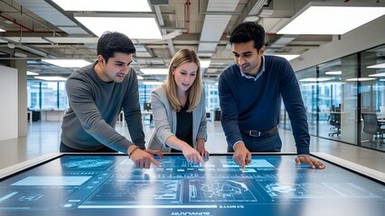 Diverse team collaborating on interactive digital display in modern office.