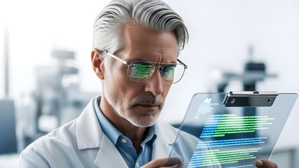 Focused Scientist in Lab Coat Examines Futuristic Data Display.