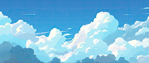 Cartoon sky view puffy clouds against a blue backdrop
