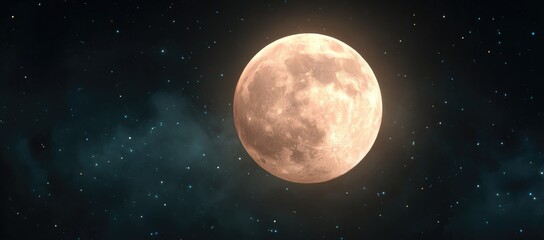 Luminous moon glows in a dark starry sky with swirling nebulous colors