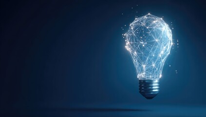 Glowing, polygonal lightbulb hovering against a dark, blurred blue background