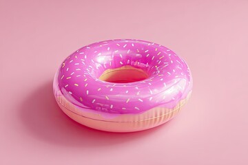 A pink donut-shaped inflatable pool float with sprinkles, set against a matching pink background