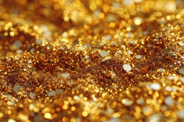 Close-up of sparkling golden glitter, shallow depth of field, soft bokeh effect