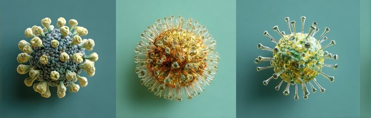 Three detailed, colorful viral structures against a teal background