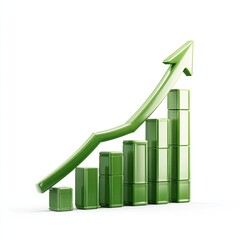 Glossy green upward bar chart with arrow showing growth, isolated on white