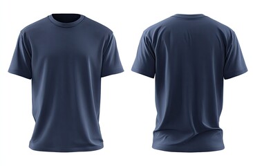 Simple navy t-shirt, front and back views, on a white background, soft shadows
