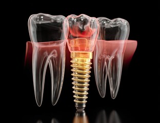 Tooth implant between semi-transparent teeth; dark background with shine