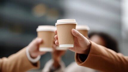 Three people are holding up coffee cups