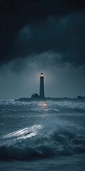 A lone lighthouse stands against a tumultuous ocean and storm-filled sky at dusk