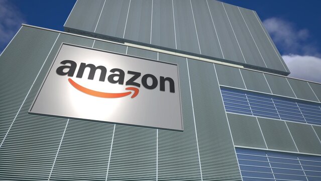 Amazon logistics building exterior with company signage, illustrative editorial 3d rendering