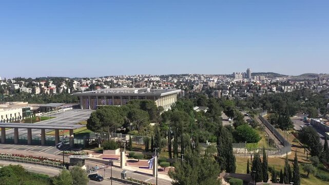 Aerial Israeli Knesset Jerusalem

Drone footage overlooking the Israeli Knesset building and surrounding government complex in Jerusalem, Israel, December 24 2025.
