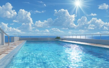 Obraz premium Rooftop pool with blue sky, fluffy clouds, sun, and ocean view