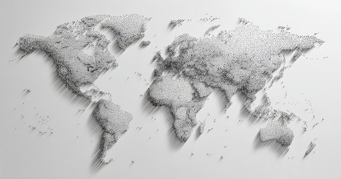 Dotted world map in gray scale with soft shadow, textured background
