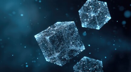 Floating, interconnected cube structures on a dark, bokeh-filled backdrop