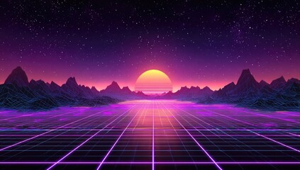 Retro futuristic landscape with neon grid, sunset, stars, and mountain range