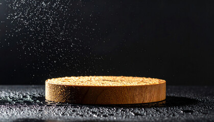 Wooden podium under dramatic natural light with water droplets. Premium product presentation background for luxury cosmetics, branding, advertising campaigns and high-end product reveals.