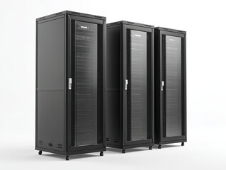 Three black server racks stand side-by-side on a white surface in a studio shot