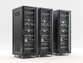 Three server racks stand in a row, gray background, data center infrastructure