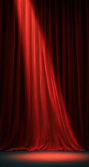 Rich red theater curtains dramatically lit by a single, bright spotlight