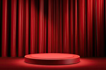 Red stage with smooth circular podium in front of draped curtains backdrop