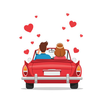Romantic couple driving red convertible car with floating hearts vector illustration for love and relationship concept 