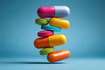 Stack of vibrant medicine pills and capsules arranged on a smooth blue surface