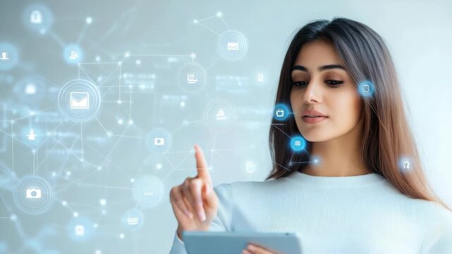 Digital Interaction: A woman engages with an interactive digital interface, her finger touching a network of icons. The image captures the essence of modern technology and connectivity.