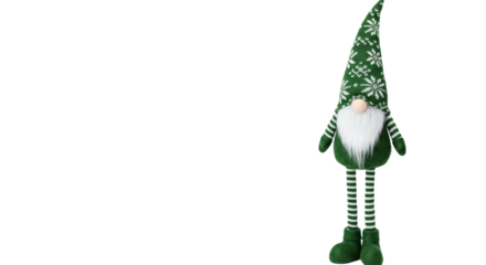 Two festive christmas gnomes, green snowflake hats, long white beards, striped legs, on a transparent studio background with left copy space, clean holiday marketing concept