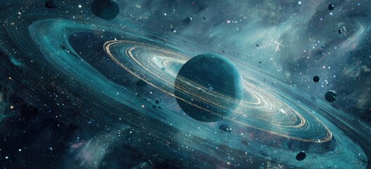 Ringed planet, blue nebula