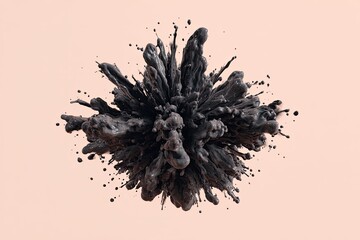 Textured black bloom explodes outward, against a soft peach background