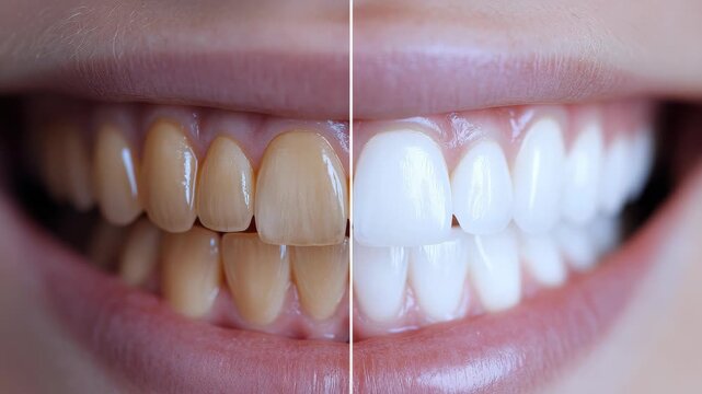 Teeth Whitening Transformation: A side-by-side comparison showcasing the remarkable difference between stained teeth and a dazzling, bright smile, symbolizing the power of cosmetic dentistry.