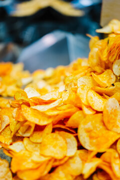 Crispy paprika chips on a production line in factory