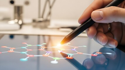 Scientist Uses Stylus to Interact with Molecular Structure on Digital Screen.