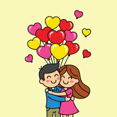 Happy couple hugging with heart shaped balloons celebrating love and affection in romantic illustration vector 