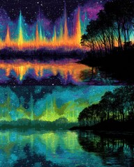 Aurora Borealis over a tranquil lake and forest