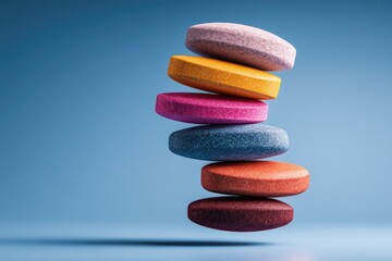 Stacked, colorful pills balanced mid-air against a smooth blue backdrop